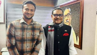 ওবায়দুল কাদেরের সঙ্গে সাকিব আল হাসান। ছবি: সংগৃহীত