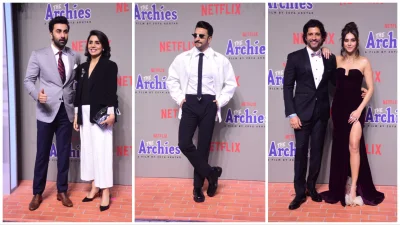 &lsquo;দ্য আর্চিজ&rsquo; প্রিমিয়ারে রণবীর কাপুর ও নীতা কাপুর, রণবীর &zwj;সিং, ফারহান আখতার ও সিভানি আখতার।