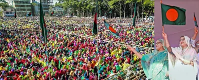 উপস্থিত জনতার উদ্দেশ্যে হাত নেড়ে শুভেচ্ছা জানাচ্ছেন আওয়ামী লীগ সভাপতি ও প্রধানমন্ত্রী শেখ হাসিনা। এ সময় তার সঙ্গে ছিলেন ছোট বোন ও বঙ্গবন্ধুর কনিষ্ঠ কন্যা শেখ রেহানা। ছবি: ফোকাস বাংলা
