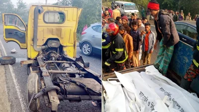 সকাল সাড়ে সাতটার দিকে চকরিয়ায় দুর্ঘটনায় নিহত ৪ জনের মরদেহ উদ্ধার করা হয়। বামদিকে ক্ষতিসাধিত লেগুনা। ছবি: ফোকাস বাংলা