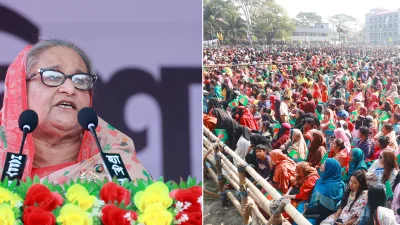 টুঙ্গিপাড়ায় বক্তব্য রাখের আওয়ামী লীগ সভাপতি শেখ হাসিনা। ছবি: ফোকাস বাংলা