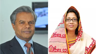 ঢাকা-৪ আসনের বিজয়ী প্রার্থী আওলাদ হোসেন (বাঁয়ে) ও নৌকার পরাজিত প্রার্থী সানজিদা খানম (ডানে)