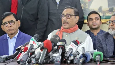 ব্রিফিংয়ে টিআইবির সমালোচনায় সরব ওবায়দুল কাদের। ছবি: ফোকাস বাংলা