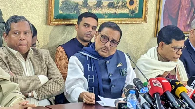 সংবাদ সম্মেলনে বিরোধীদের সমালোচনা করেন ওবায়দুল কাদের। ছবি: ফোকাস বাংলা
