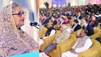রোববার বাণিজ্য মেলা উদ্বোধনী অনুষ্ঠানে বক্তব্য দেন প্রধানমন্ত্রী শেখ হাসিনা। ছবি: ফোকাস বাংলা