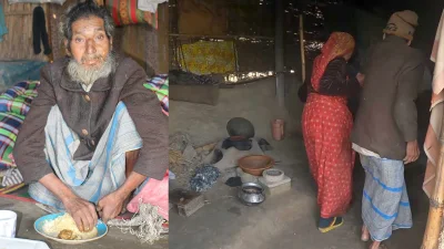 বাক্-প্রতিবন্ধী স্বামী ও মানসিক ভারসাম্যহীন ছেলেকে নিয়ে ৩০ বছর জীর্ণ ছাউনিতে সংসার করছেন জরিনা। ছবি: ইত্তেফাক