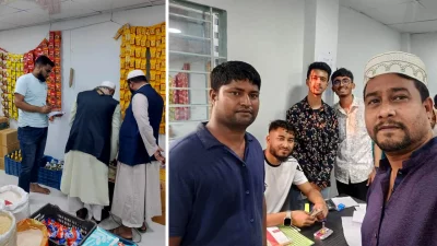 প্রথম ছবিতে দেখা যাচ্ছে, দুজন ক্রেতাকে পণ্য কিনতে সহযোগিতা করছেন মনুষ্যত্ব ফাউন্ডেশনের একজন সদস্য। ডানের ছবিতে উদ্যোক্তাদের কয়েকজন
