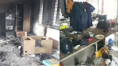 থানায় হামলা, আগুনসহ লুটপাট চালায় দুর্বৃত্তরা। ছবি: ইত্তেফাক