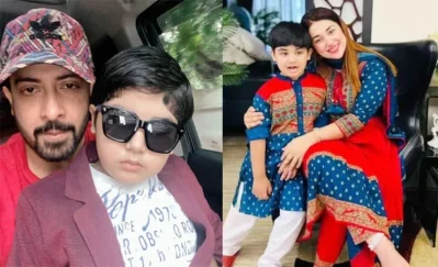 বাবা শাকিব খান ও মা অপু বিশ্বাসের সঙ্গে আব্রাম খান জয়। ছবি: সংগৃহীত