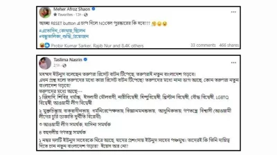 অভিনেত্রী মেহের আফরোজ শাওন ও লেখক তসলিমা নাসরিনের ফেসবুক স্ট্যাটাস। ছবি: স্কিনশট সংগৃহীত