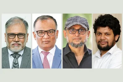 অধ্যাপক মো. সায়েদুর রহমান, ব্যবসায়ী সেখ বশির উদ্দিন, চলচ্চিত্র পরিচালক মোস্তফা সরয়ার ফারুকী ও প্রধান উপদেষ্টার বিশেষ সহকারী মাহফুজ আলম। ছবি: সংগৃহীত