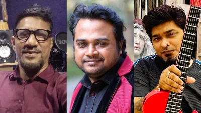 জেনস সুমনের নতুন তিন গানের সুরকার এস পুলক, এফ এ সুমন এবং শাহাদাৎ হোসেন নাদিম। কোলাজ: ইত্তেফাক