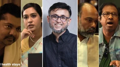 নির্মাতা মোস্তফা সরয়ার ফারুকী (মাঝে), &lsquo;৮৪০&rsquo; এর দৃশ্যে (বা থেকে) জয়, মম, নাসিরউদ্দিন ও মারজুক। ছবি: সংগৃহীত