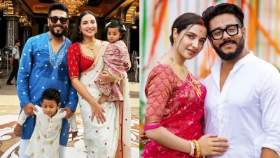 দুই সন্তানসহ রাজ-শুভশ্রী, (ডানে) রাজ চক্রবর্তী ও শুভশ্রী গাঙ্গুলী। ছবি: সংগৃহীত