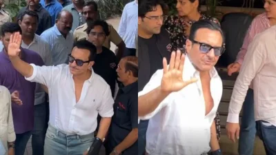 হাসপাতাল থেকে ছাড়া পাওয়ার পর আগতদের হাত নেড়ে শুভেচ্ছা জানান সাইফ আলি খান। ছবি: সংগৃহীত