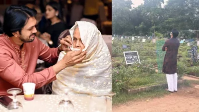 মায়ের সঙ্গে আরিফিন শুভ, মায়ের কবরের সামনে আরিফিন শুভ। ছবি: ফেসবুক