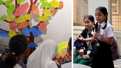 শহর নিয়ে নিজের স্বপ্নের কথা জানাচ্ছে এক শিশু শিক্ষার্থী। ছবি: সংগৃহীত