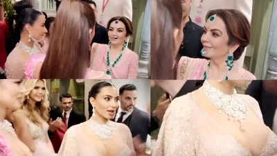 ছেলের বিয়ের অনুষ্ঠানে হলিউড তারকা কিম কার্দাশিয়ান ও ক্লোয়ি কার্দাশিয়ানের সঙ্গে নীতা আম্বানি। ছবি: সংগৃহীত