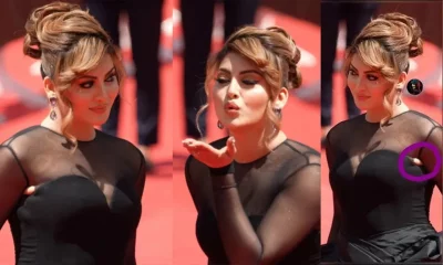 রেড কার্পেটে হাঁটার সময় স্পষ্ট দেখা যায় উর্বশীর গাউনের বাম দিকের বাহুর নীচের অংশ ছেঁড়া! ছবি: সংগৃহীত