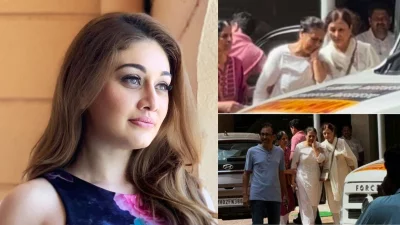 বলিউড অভিনেত্রী শেফালি জারিওয়ালা, (ডানে) শেষকৃত্যানুষ্ঠানে স্বজনদের শোক। কোলাজ: ইত্তেফাক