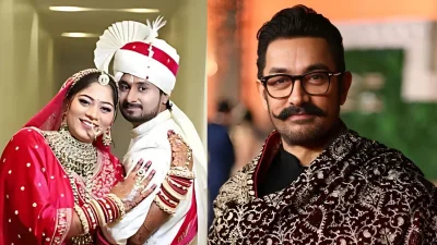 বলিউড অভিনেতা আমির খান, (বাঁয়ে) ইন্দোরের দম্পতি রাজা রঘুবংশী ও সোনম রঘুবংশী। ছবি: সংগৃহীত
