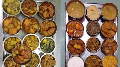 পুরান ঢাকার নিরামিষ ভোজনালয়গুলোর ট্রেতে সাজানো ছোট ছোট বাটিতে ১২&ndash;১৪ রকমের নিরামিষ তরকারি। ছবি: ইত্তেফাক