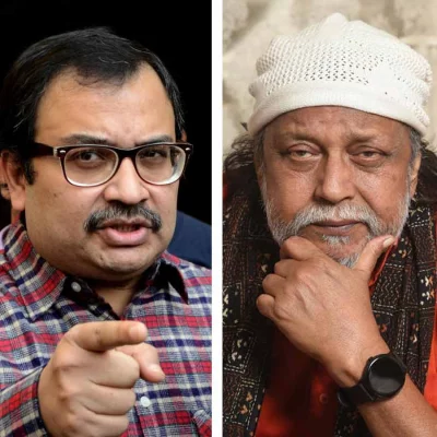 তৃণমূল কংগ্রেস নেতা কুণাল ঘোষ এবং বলিউড অভিনেতা ও বিজেপি নেতা মিঠুন চক্রবর্তী। ছবি: সংগৃহীত