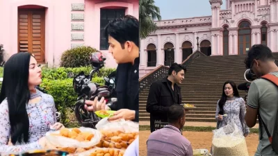 আহসান মঞ্জিল প্রাঙ্গনে ফুচকা ও ঝালমুড়ি খাচ্ছেন হানিয়া আমির, সঙ্গে রাফসান দ্য ছোটভাই। ছবি: সংগৃহীত
