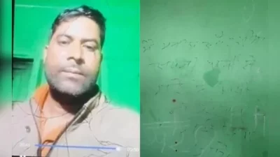 মনিশ কুমার ও ঘরের দেয়ালে আগে থেকে একটি লিখে রাখা বার্তা। ছবি: এনডিটিভি