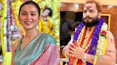 অভিনেত্রী মিমি চক্রবর্তী ও জ্যোতিষী তনয় শাস্ত্রী। ছবি: সংগৃহীত