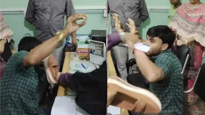 যৌন হয়রানির অভিযোগ এনে আলী আজম সাব্বিরকে জুতাপেটা করেন এক নারী প্রশিক্ষণার্থী। ছবি: ভিডিও থেকে নেওয়া