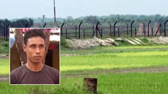 ভারতীয় সীমান্ত (ইনসেটে বাংলাদেশি যুবক সাদ্দাম হোসেন)। ইত্তেফাক কোলাজ