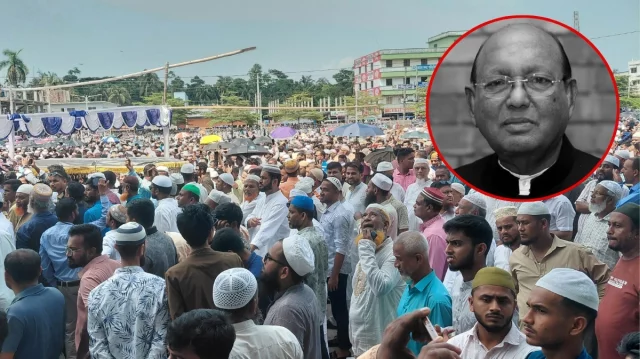 ভোলায় তোফায়েল আহমেদের দ্বিতীয় জানাজা সম্পন্ন। ছবি: ইত্তেফাক কোলাজ