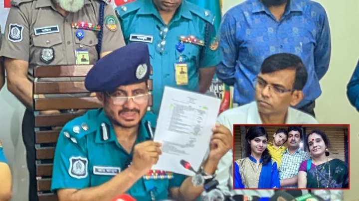 শিক্ষক গণপতি চক্রবর্তী, তার স্ত্রী ও দুই সন্তান এবং সংবাদ সম্মেলনে আরপিএমপি কমিশনার মোহাম্মদ আবদুল মাবুদ। ইত্তেফাক কোলাজ।