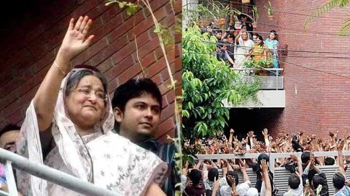 কারামুক্তির পর সুদাসদন থেকে সমর্থকদের শুভেচ্ছা জানান শেখ হাসিনা। ছবি: সংগৃহীত